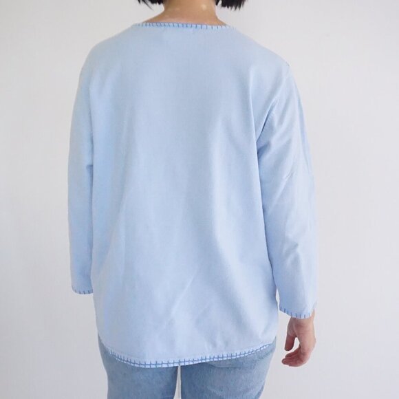 Vintage White Stag Baby Blue Embroidered Floral Collar Trim Cotton Sweater XL - Picture 3 of 12